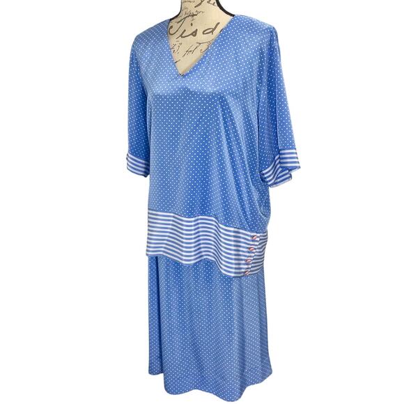 Vintage 80s Lady Carol Blue & White Polka Dot Nautical Skirt Set Size 18 - Picture 1 of 12